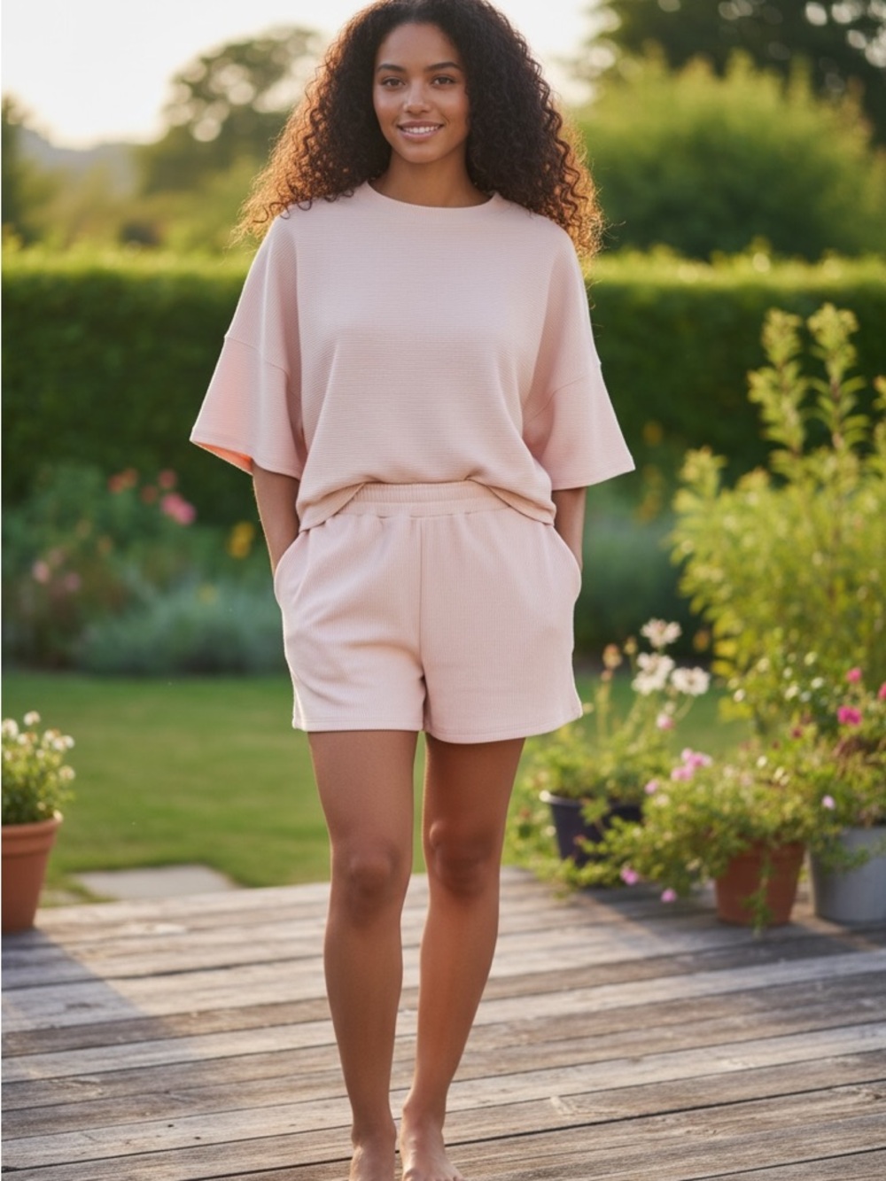 Womenβs Beige Ribbed Short Set with Elastic Waist